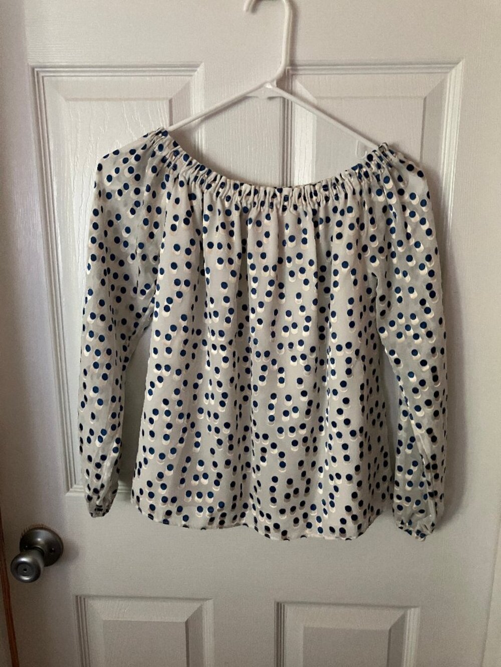 Lilly Pulitzer Lou Lou off-the-shoulder Blouse White & bennet Blue Polka dot XS